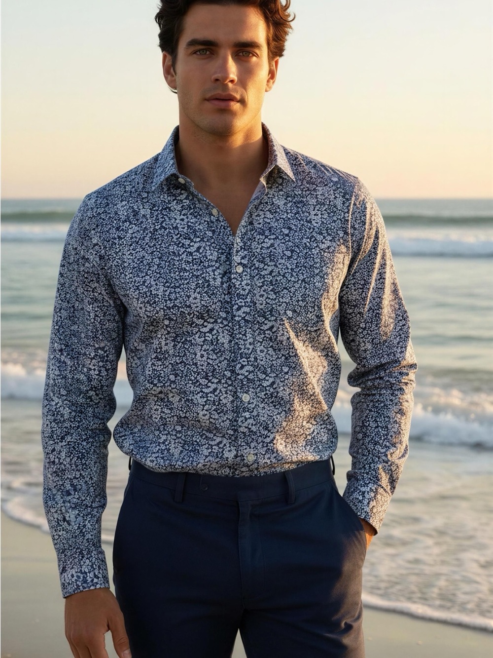 J. Crew Navy and White Floral Button-Down Shirt